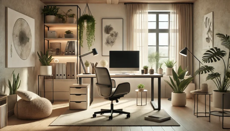 A home office, relaxed, modern office space, with a desk plants, and window to outside