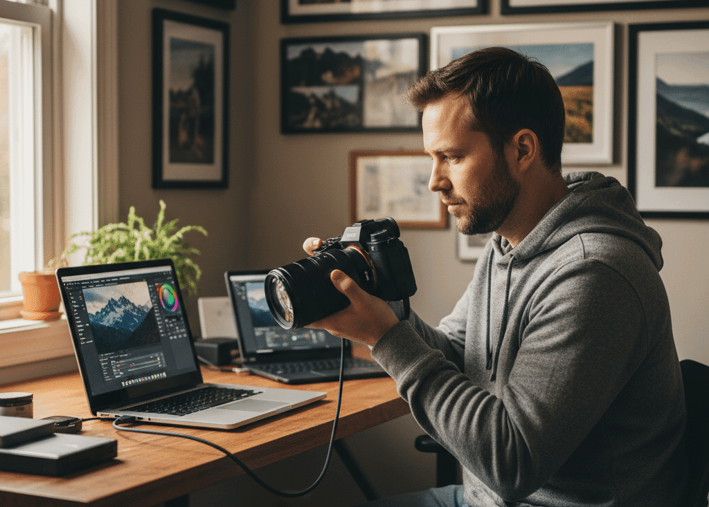 Pro photographer at a desk with laptop editing.