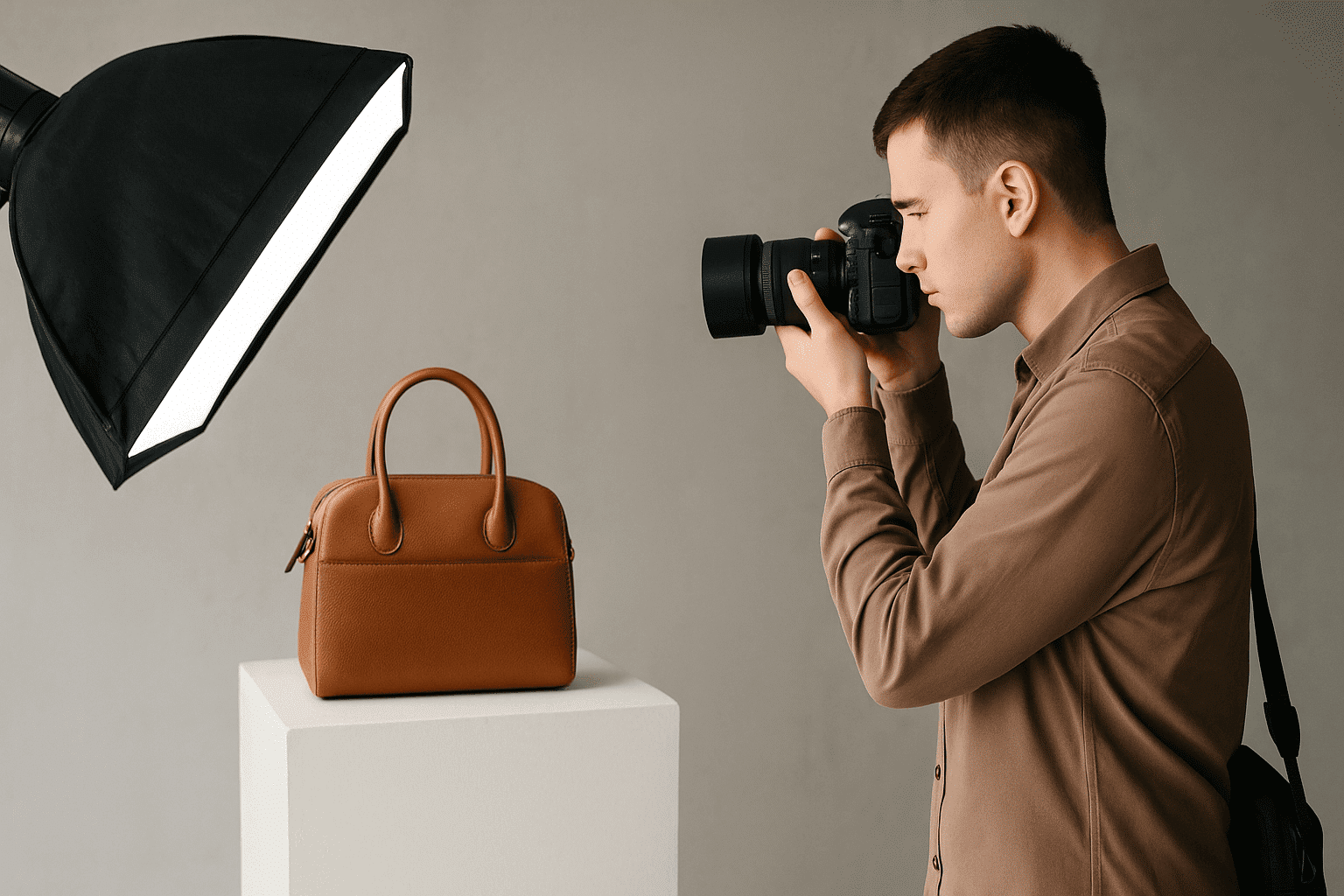 A product photographer taking a picture of a purse.